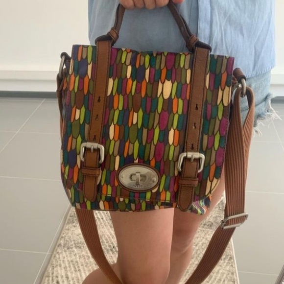FOSSIL Flap Satchel Messenger Canvas Crossbody Purse‎ Bag colorful leather - Picture 6 of 15
